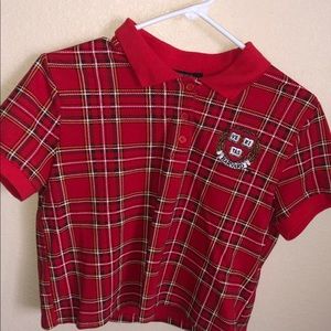 Harvard plaid red slightly cropped polo